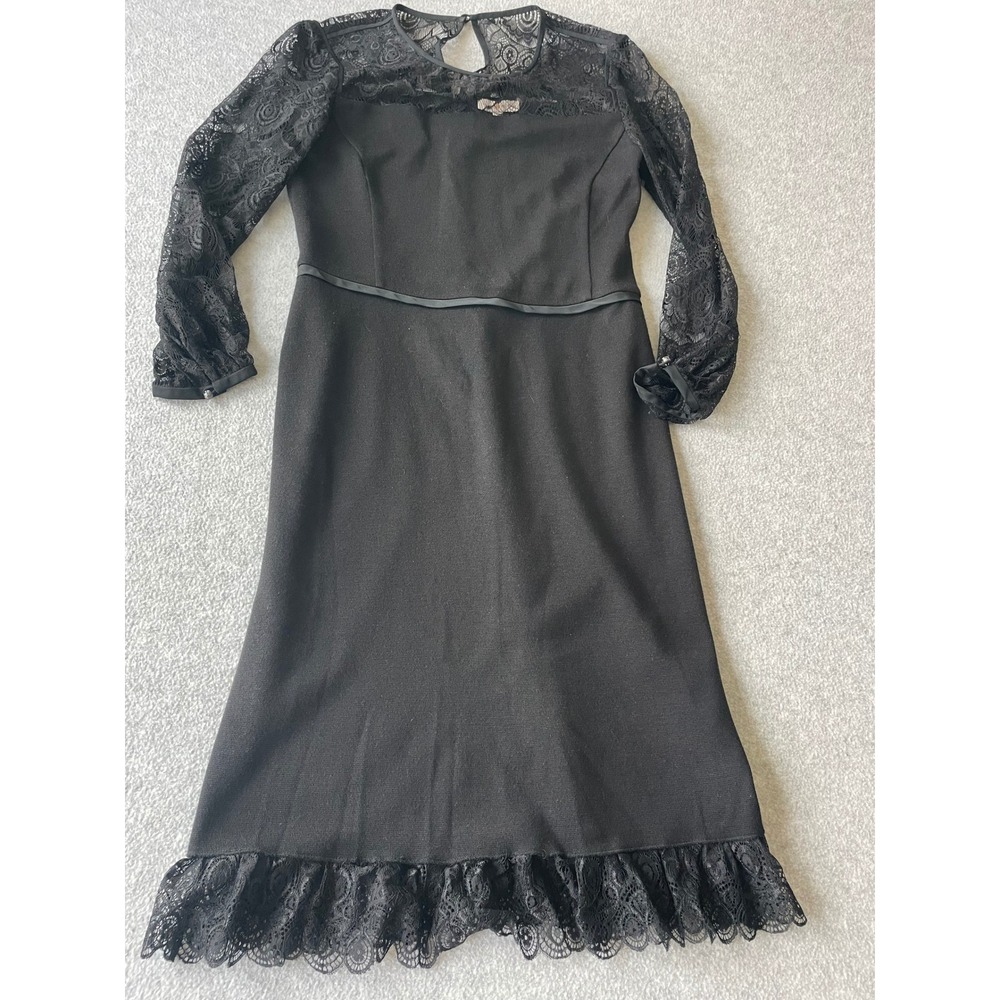 Tory Burch Tiana Dress Black Lace Wool Blend Midi Dress Long Sleeve Ruffle Hem L